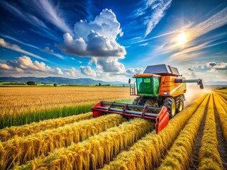 Fototapeta premium Architectural Photography of Combine Harvesting Rice and Wheat in Golden Fields Under a Bright Sky Showcasing Modern Agriculture Techniques and Machinery Efficiency