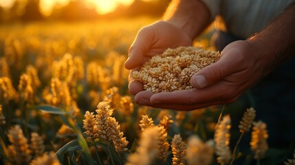 man's hand holding a handful of raw, organic wheat grains, a key ingredient in many foods