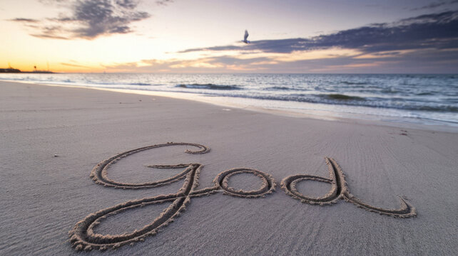 Text engraved on serene beach sand. Letters written on tranquil shore. Motivational New Year resolution. Peaceful seaside at sunset. Vibrant sunset hues. Inspiring message on a calm sea background.