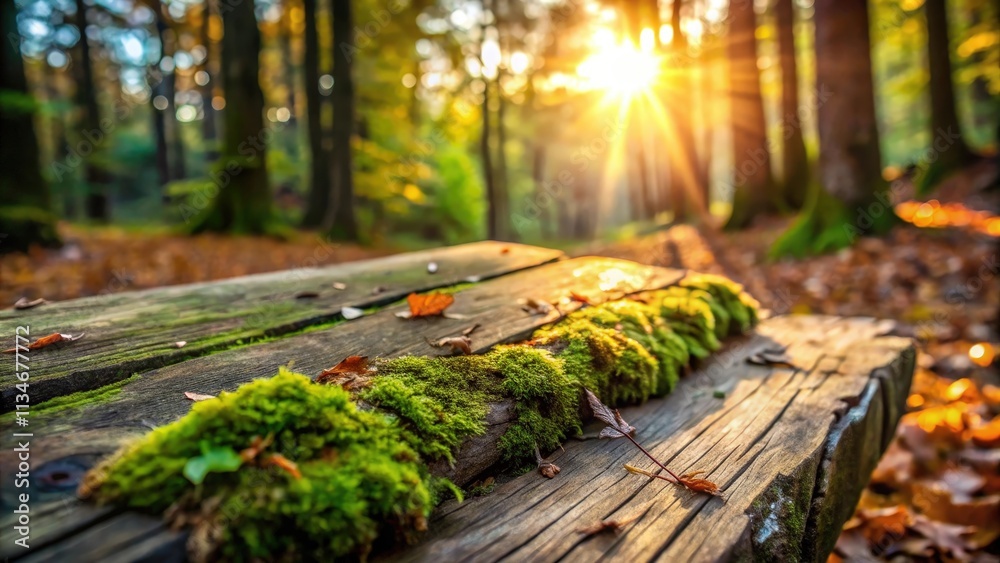 Poster a close-up view of moss-covered wooden planks with fallen leaves in the foreground, blurred trees in