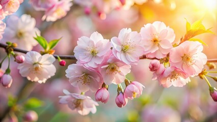 Obraz premium A delicate cluster of pink blossoms bathed in the soft glow of the setting sun, showcasing nature's exquisite beauty