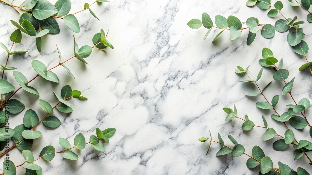 Poster eucalyptus branches arranged on a white marble surface forming a border for copy space