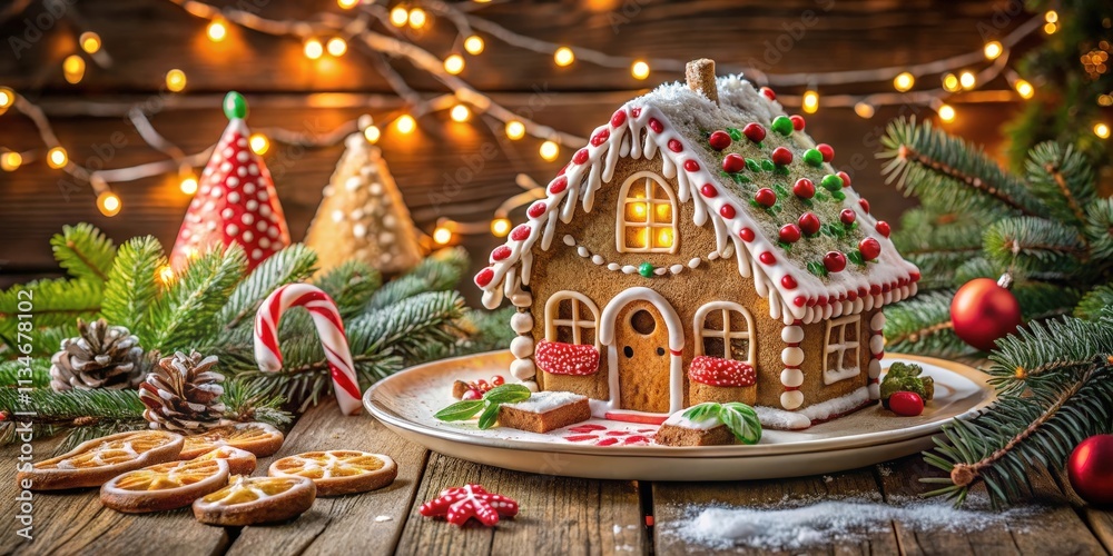 Poster a gingerbread house adorned with candy and icing, illuminated by fairy lights, surrounded by fir bra