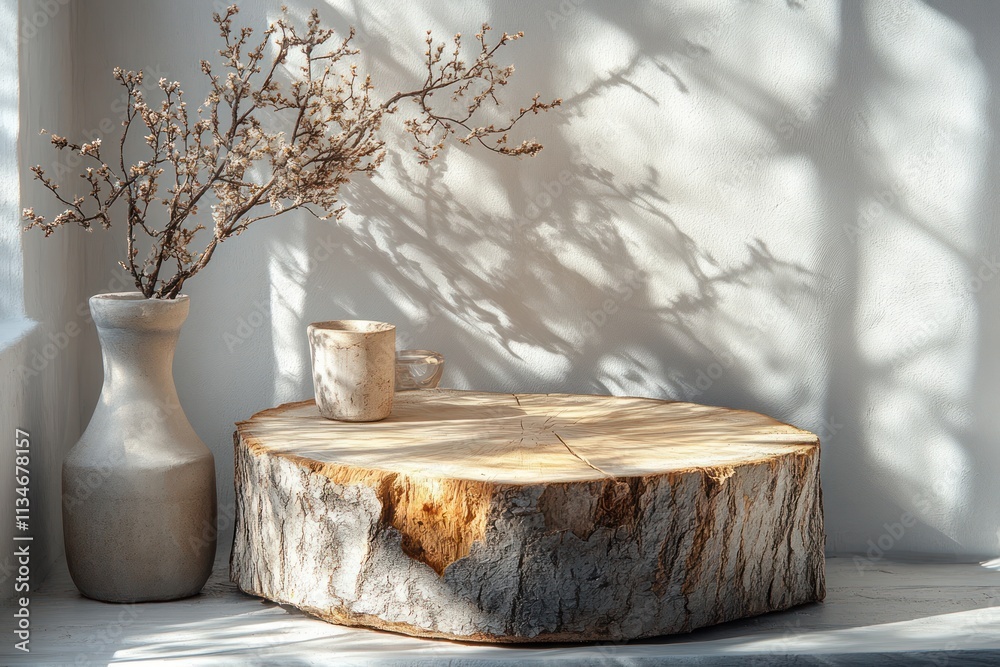 Aufkleber wooden stump with soft natural light and shadow patterns on gray wall for product display
