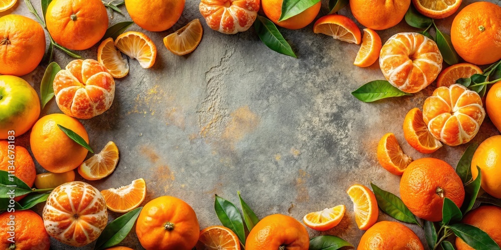 Poster a frame of fresh citrus fruit with greenery on a textured surface