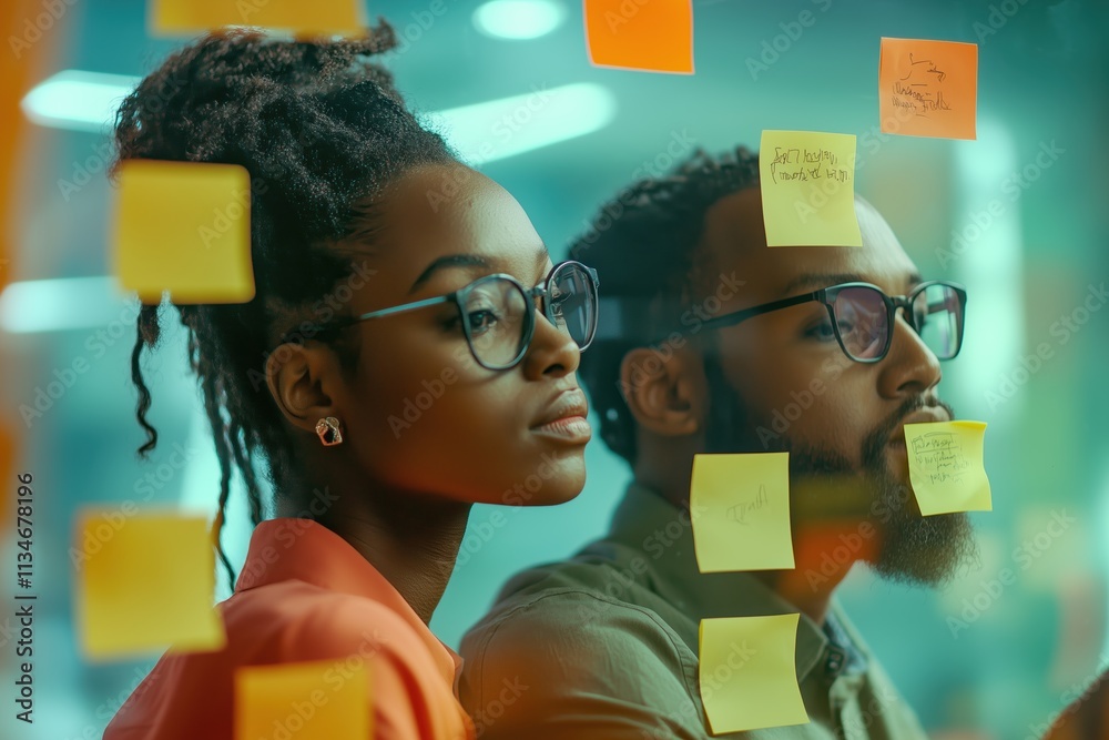 Aufkleber A dynamic brainstorming session with diverse individuals discussing selfimprovement goals and strategies, surrounded by colorful sticky notes on a glass wall reflecting their ideas