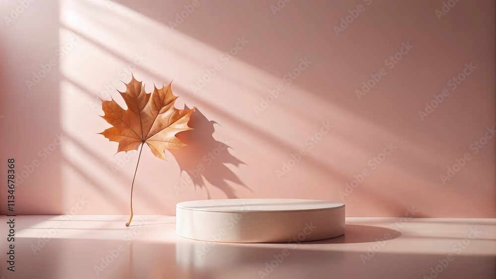 Poster A single autumn leaf cast in soft sunlight against a muted pink background, emphasizing a minimalist circular display platform for product placement.