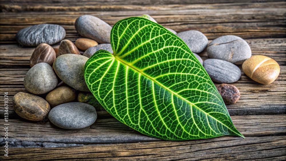 Poster a vibrant green leaf with intricate veins rests on a rustic wooden surface, surrounded by smooth gra