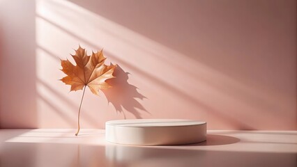 A single autumn leaf cast in soft sunlight against a muted pink background, emphasizing a minimalist circular display platform for product placement.