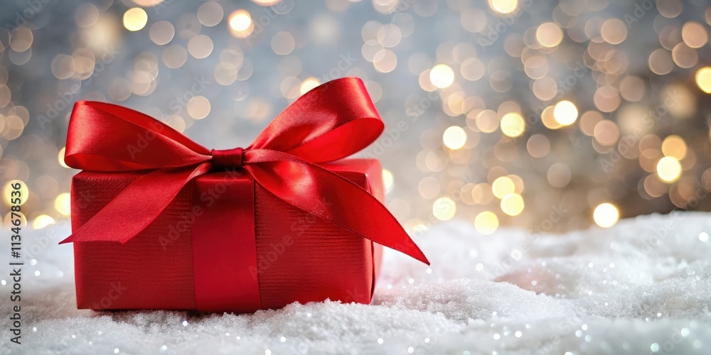 Poster a red gift box with a large bow resting on white snow with a defocused background of golden lights
