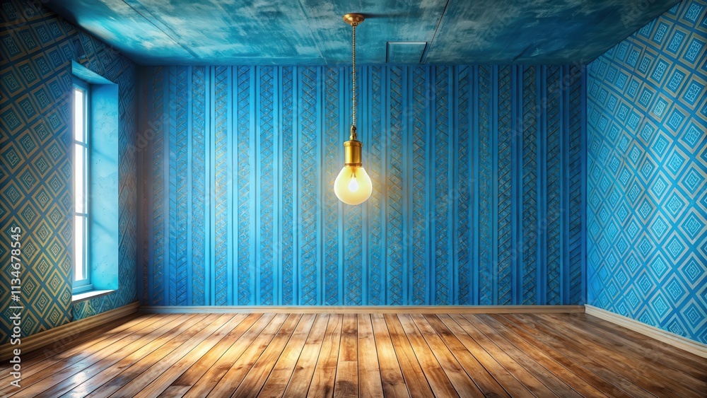 Poster an empty room with wooden floor and blue walls patterned with golden geometric designs and a single 