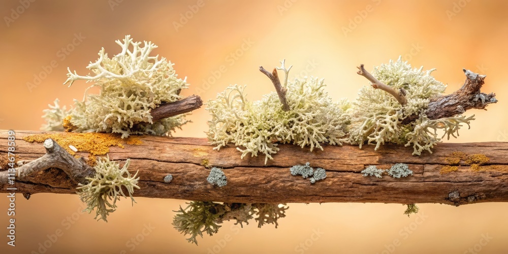 Poster a close-up of lichen growing on a weathered branch, showcasing the delicate, intricate patterns and 