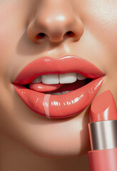Obraz premium healthy human lips with peach glossy and shiny lipstick , Skincare and beauty and a cosmetic concept, pop art, with white tones