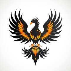 Fototapeta premium Fiery black phoenix with outstretched wings, isolated on white background.