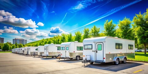 A Row of White Trailers in a Quiet Parking Lot Surrounded by Lush Greenery and a Clear Blue Sky, Capturing the Essence of Minimalist Living and Nomadic Lifestyle