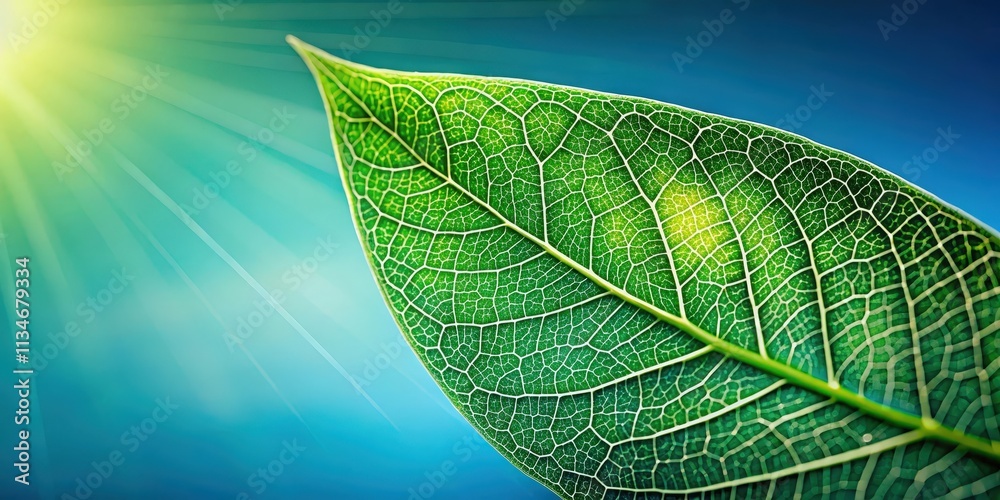 Poster close-up of a vibrant green leaf illuminated by sunlight, showcasing intricate veins and a delicate 