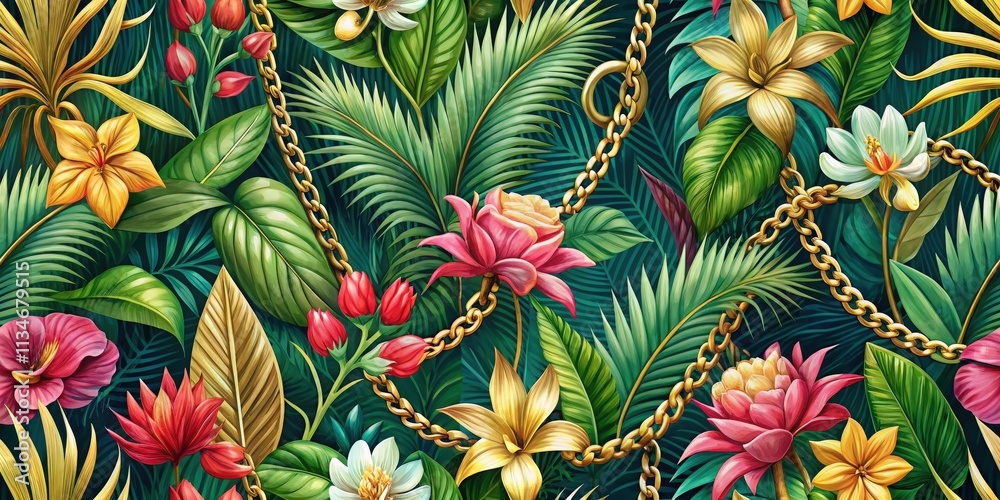 Poster a seamless pattern of vibrant tropical flowers intertwined with shimmering gold chains, creating a l