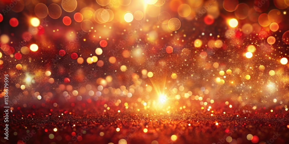 Poster abstract red and gold glitter background with blurred lights and sparkling textures