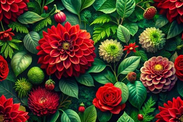 Artistic Abstract Green Jungle with Red Floral Accents Featuring Dahlias, Peonies, and Chrysanthemums in a Summer-Inspired Ornate Background for Stunning Low Light Photography