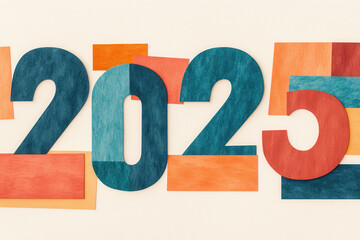 Colorful and modern paper-cut style numbers forming the year 2025 with a vibrant artistic design.