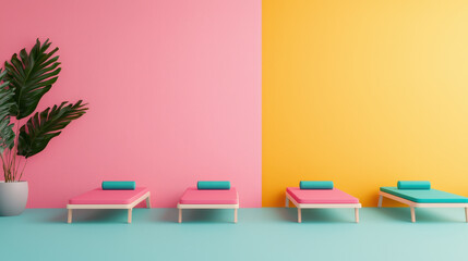 Colorful lounge area with pink and yellow walls, featuring modern beds and plant. vibrant design creates cheerful atmosphere perfect for relaxation