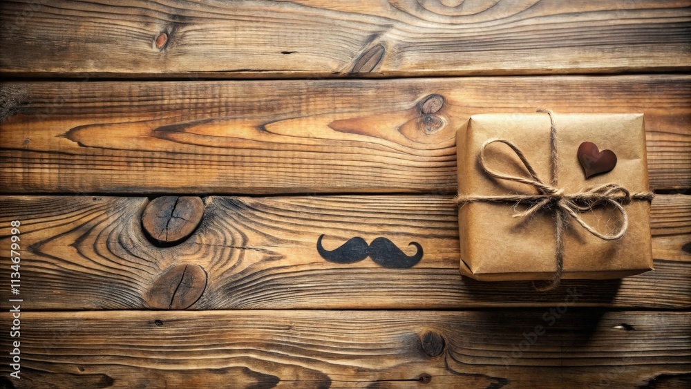 Aufkleber a rustic gift wrapped in brown paper with a heart and a mustache on a wooden background