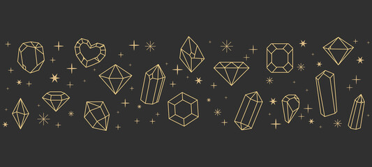 Magic crystal sacred geometry polyhedron celestial esoteric seamless border with gold line gemstone stars, moon decorations. Elegant outline stones. 