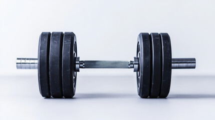 Naklejka premium Heavy black dumbbell with metallic handle, ideal for strength training and fitness enthusiasts. Perfect for home gyms and workout routines