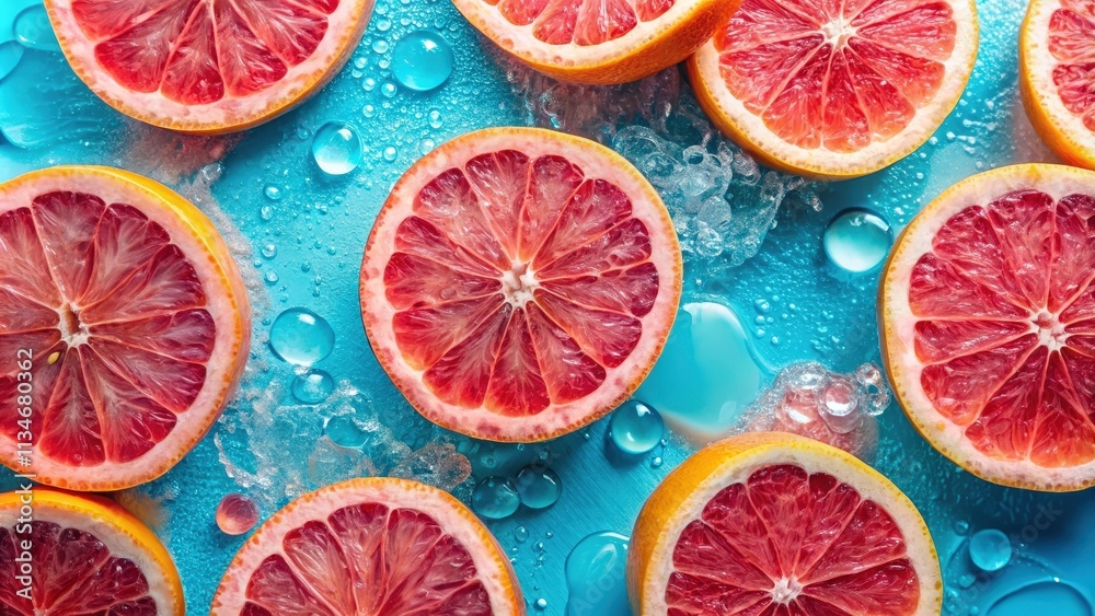 Poster a refreshing arrangement of citrus fruit slices, submerged in a pool of vibrant blue liquid, creatin