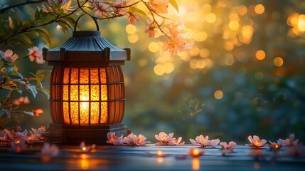 Illuminated Lantern & Blossoms at Dusk
