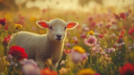 Naklejka premium Lamb in lively spring environment