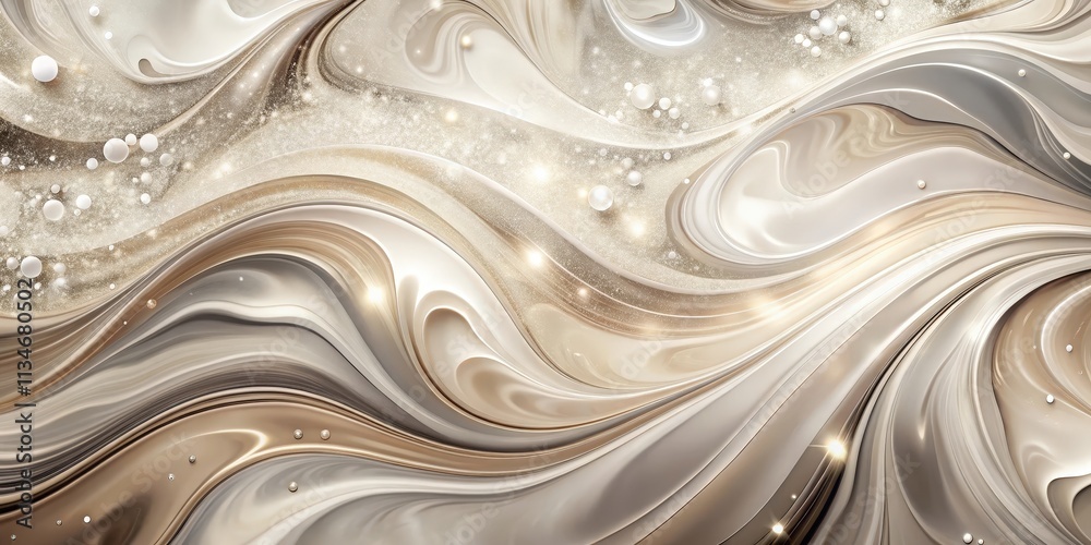 Poster fluid abstract background with swirling tones of cream, white, and gold, embellished with sparkling 