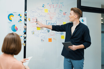 Professional male leader presents start up project by using mind map, colorful sticky notes and business statistic graph with confident while investor listening at business meeting. Immaculate.