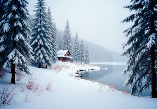 Winter Cabin by Snowy Pine Forest and Frozen Lake in Serene Mountain Landscape