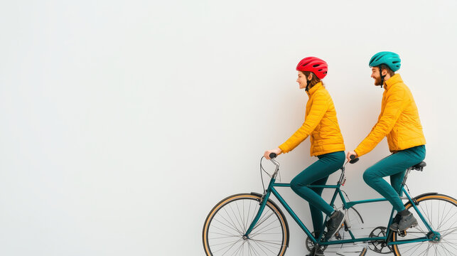 Young couple riding tandem bicycle, wearing colorful helmets and jackets, enjoying fun outdoor activity together. Their smiles reflect joy and adventure