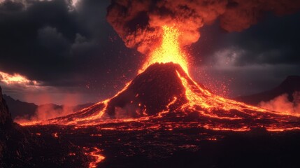 Captivating scene of molten lava flowing from a night-time volcano.