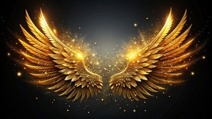 A pair of golden wings with a mystical sparkle on a black background. The wings are outstretched and covered in sparkling glitter, creating a sense of magic and wonder.