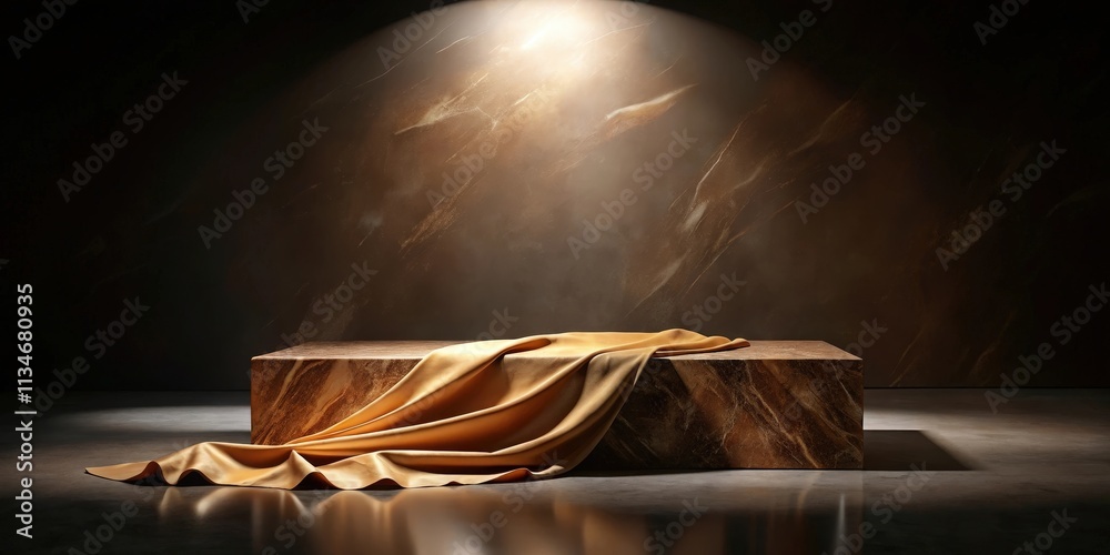 Poster A single spotlight illuminates a rectangular stone platform draped with a luxurious golden fabric, creating a dramatic and elegant presentation space