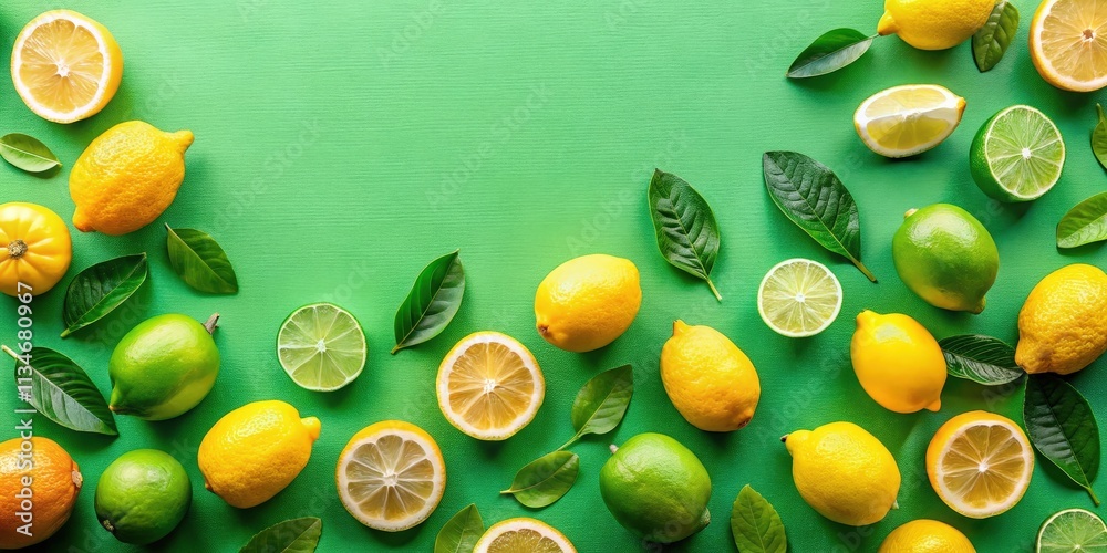 Poster a vibrant arrangement of lemons and limes on a green background, with a generous space for text or d