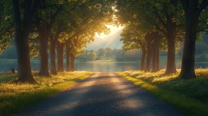 Fototapeta premium A serene pathway lined with trees leading to a tranquil lake at sunset.
