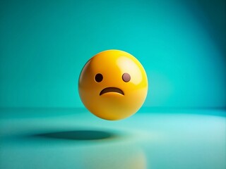 Fototapeta premium A Sad Yellow Emoji Floating on a Smooth Gradient of Teal to Turquoise, Evoking Emotions of Loneliness and Reflection in a Minimalist Style