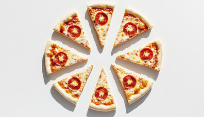 Delicious pizza slices arranged in circular pattern, showcasing melted cheese and pepperoni. Perfect for sharing and enjoying with friends or family