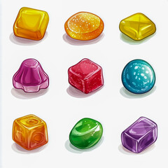Collection set of sugar-coated gummy candies isolated white background.