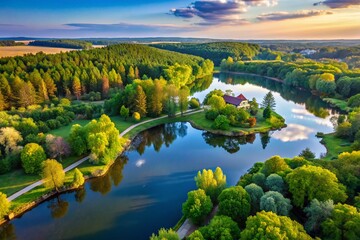 Naklejka premium A Serene Aerial View Above the Trees in the Arboretum Berezhansky, Ukraine, Capturing the Tranquil Waters of the Lake and Lush Green Foliage Below