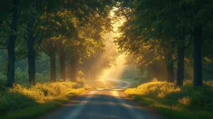 Naklejka premium A serene pathway through a sunlit forest, inviting exploration and tranquility.