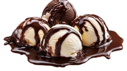 Chocolate Indulgence: Creamy vanilla ice cream scoops drenched in rich, decadent chocolate sauce. A delightful, mouthwatering image perfect for dessert menus, blogs.