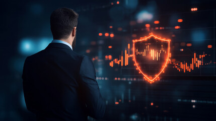 Businessman analyzing financial data against cybersecurity threats in modern office setting