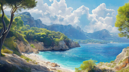 Fototapeta premium Picturesque island scenery of Cala s'Almunia beach bay in Mallorca, highlighting the beauty