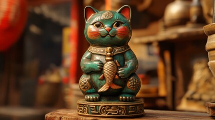 A Green Cat Figurine Holding A Gold Fish