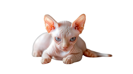 Sphynx Kitten Posing: A curious Sphynx kitten with striking blue eyes and a wrinkled, hairless body looks directly at the camera, capturing its playful and inquisitive nature. 